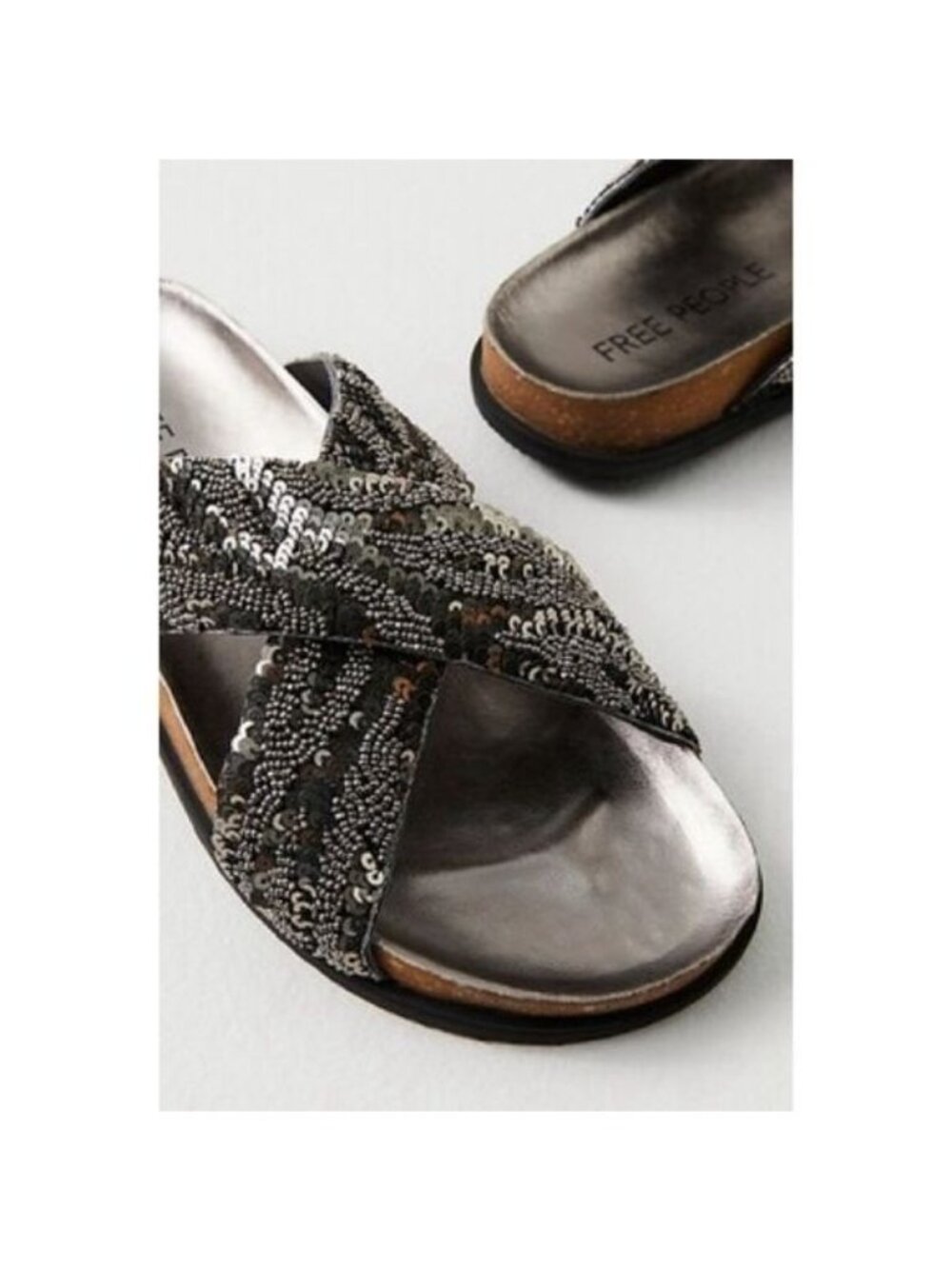 NEW Free People Moon Child Embellished Sandal 39 Black Silver 9 Leather Strap